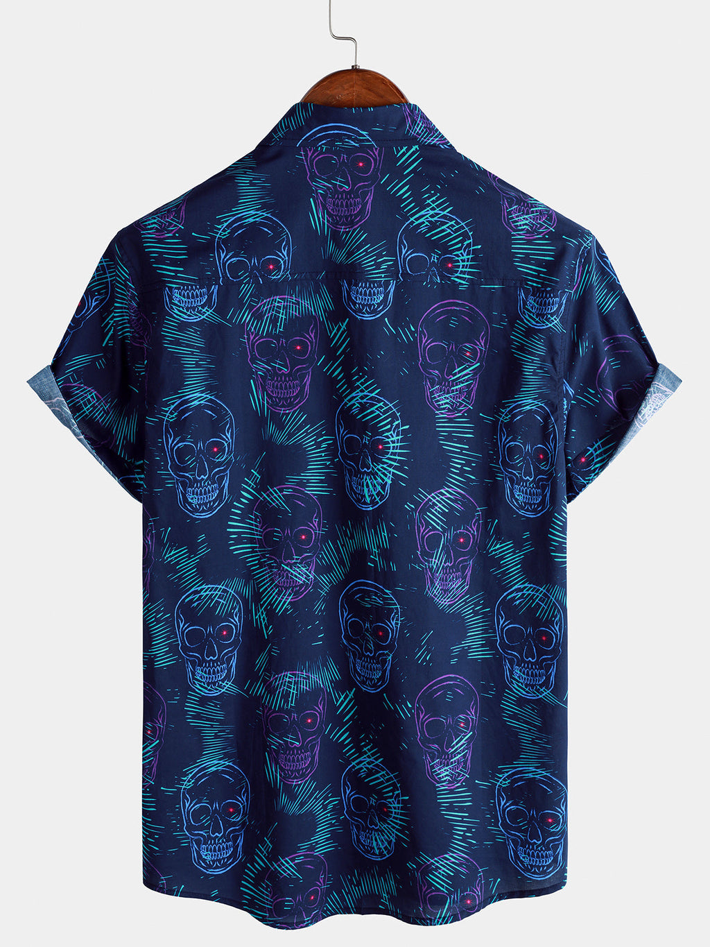 Chemise Homme Bleue Skull Punk Rock Hawaïenne Manches Courtes