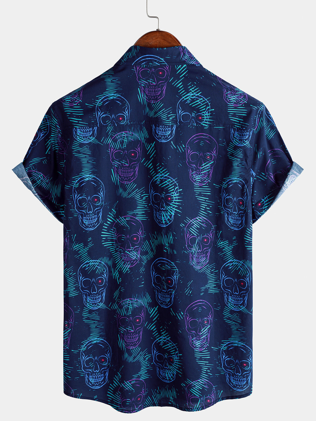 Chemise Homme Bleue Skull Punk Rock Hawaïenne Manches Courtes