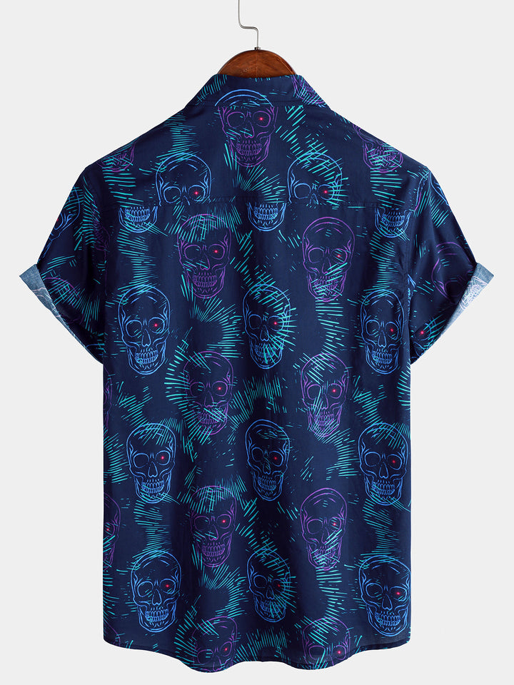 Chemise Homme Bleue Skull Punk Rock Hawaïenne Manches Courtes
