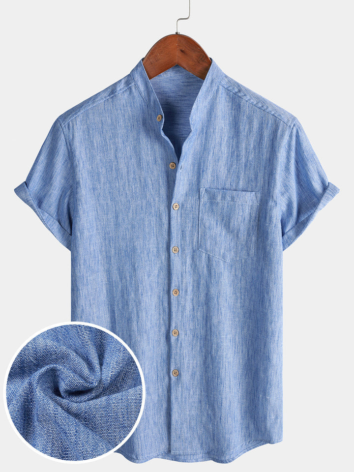 Chemise Homme Unie Col Henley Été Manches Courtes