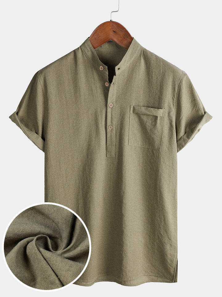 Chemise Homme Unie Col Mao Patte Courte Manches Courtes