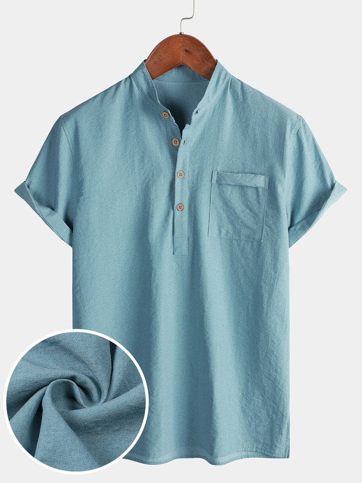 Chemise Homme Unie Col Mao Patte Courte Manches Courtes