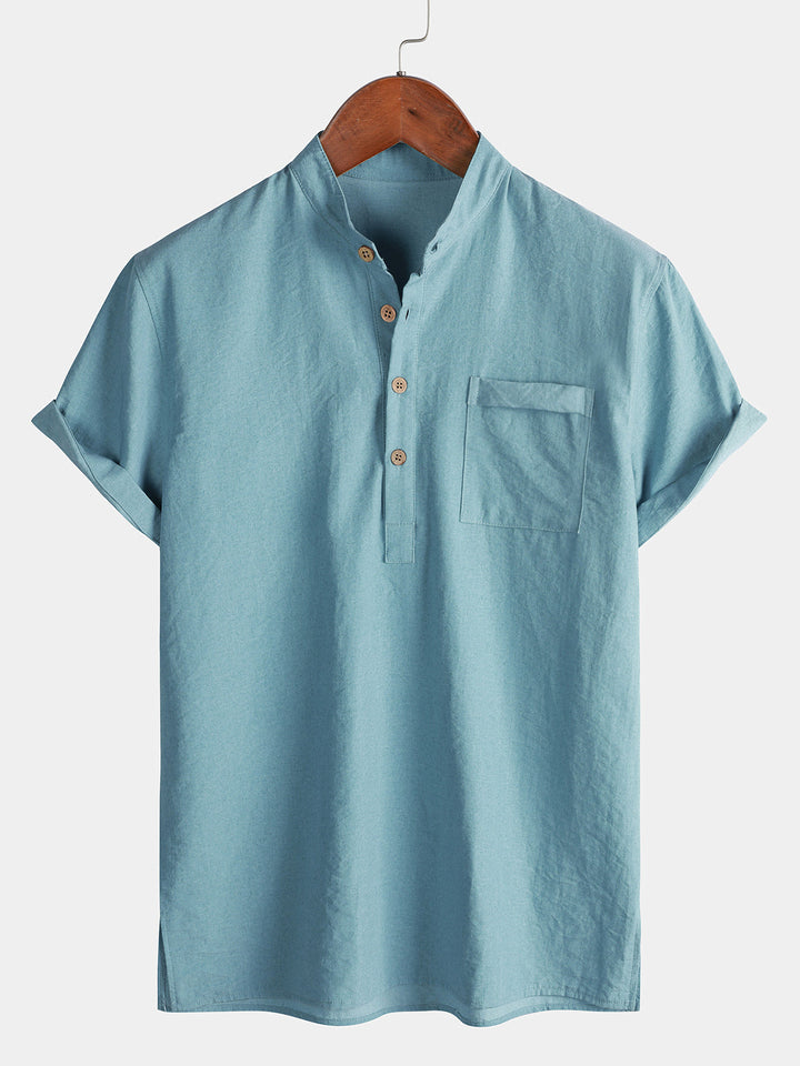 Chemise Homme Unie Col Mao Patte Courte Manches Courtes
