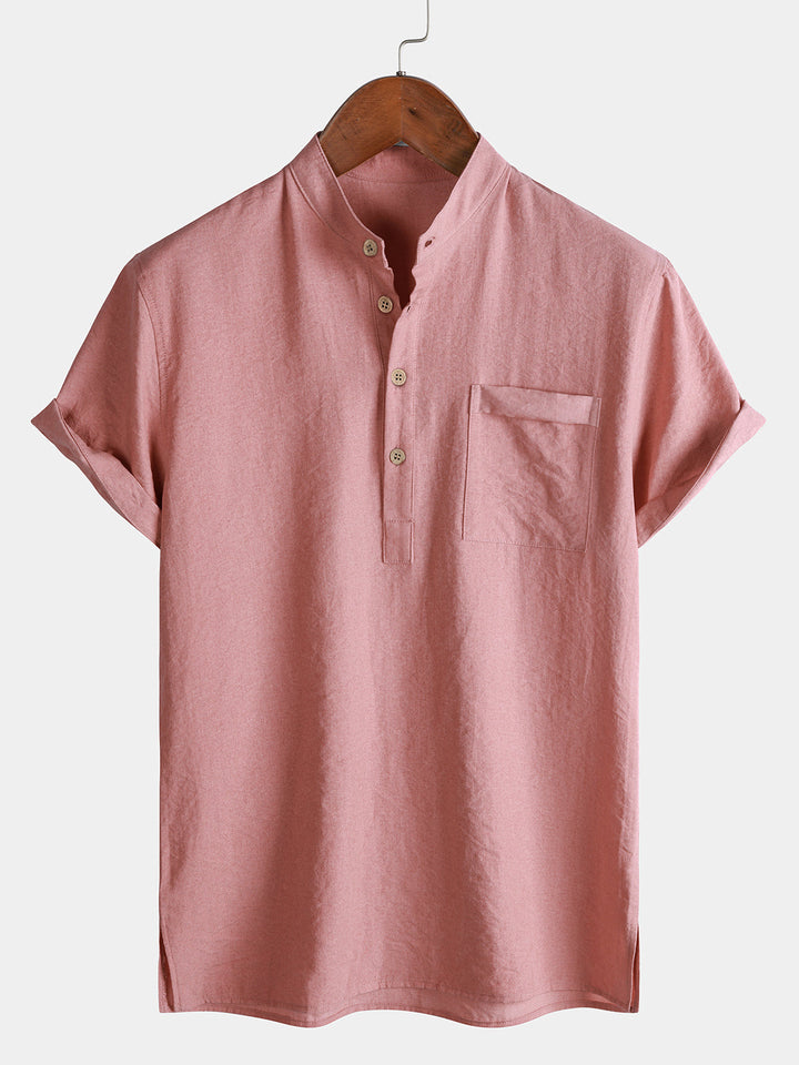 Chemise Homme Unie Col Mao Patte Courte Manches Courtes