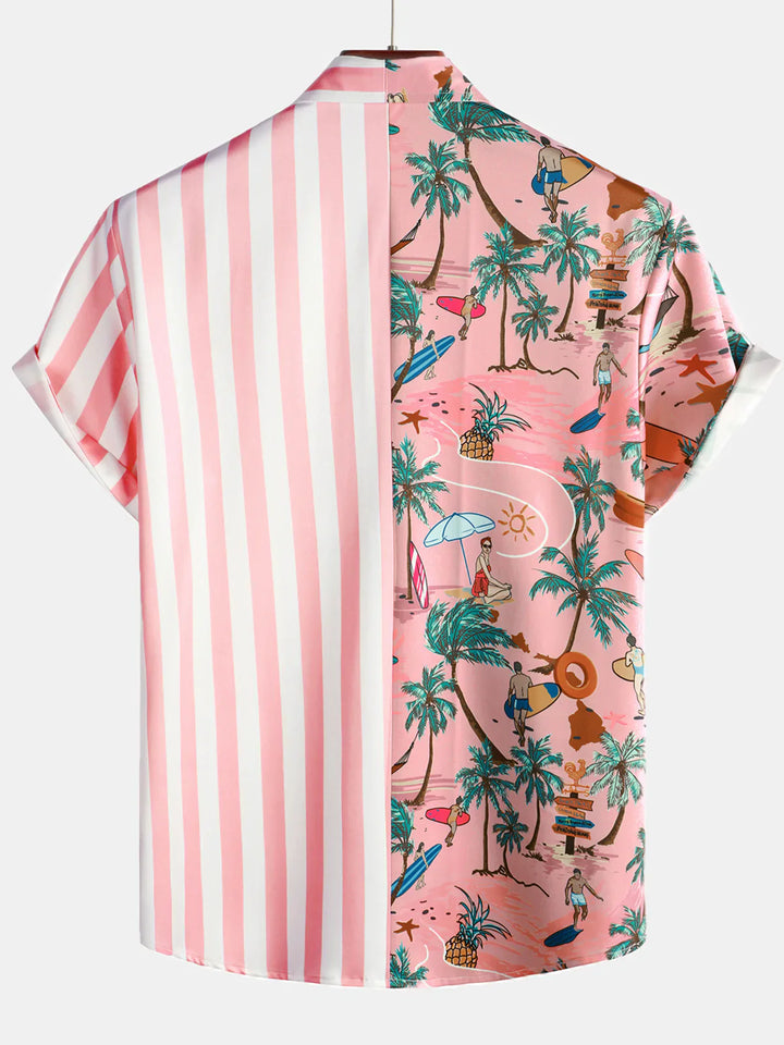 Chemise hawaïenne à manches courtes Aloha à imprimé palmier rose et blanc pour homme
