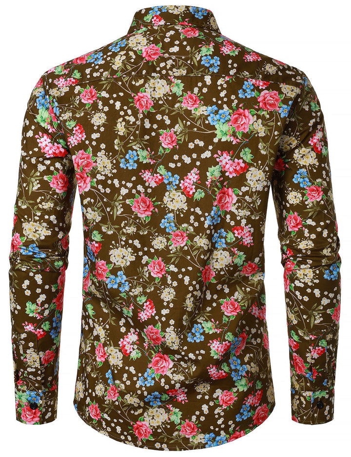 Chemise à manches longues marron en coton respirant à imprimé floral des années 70 pour homme