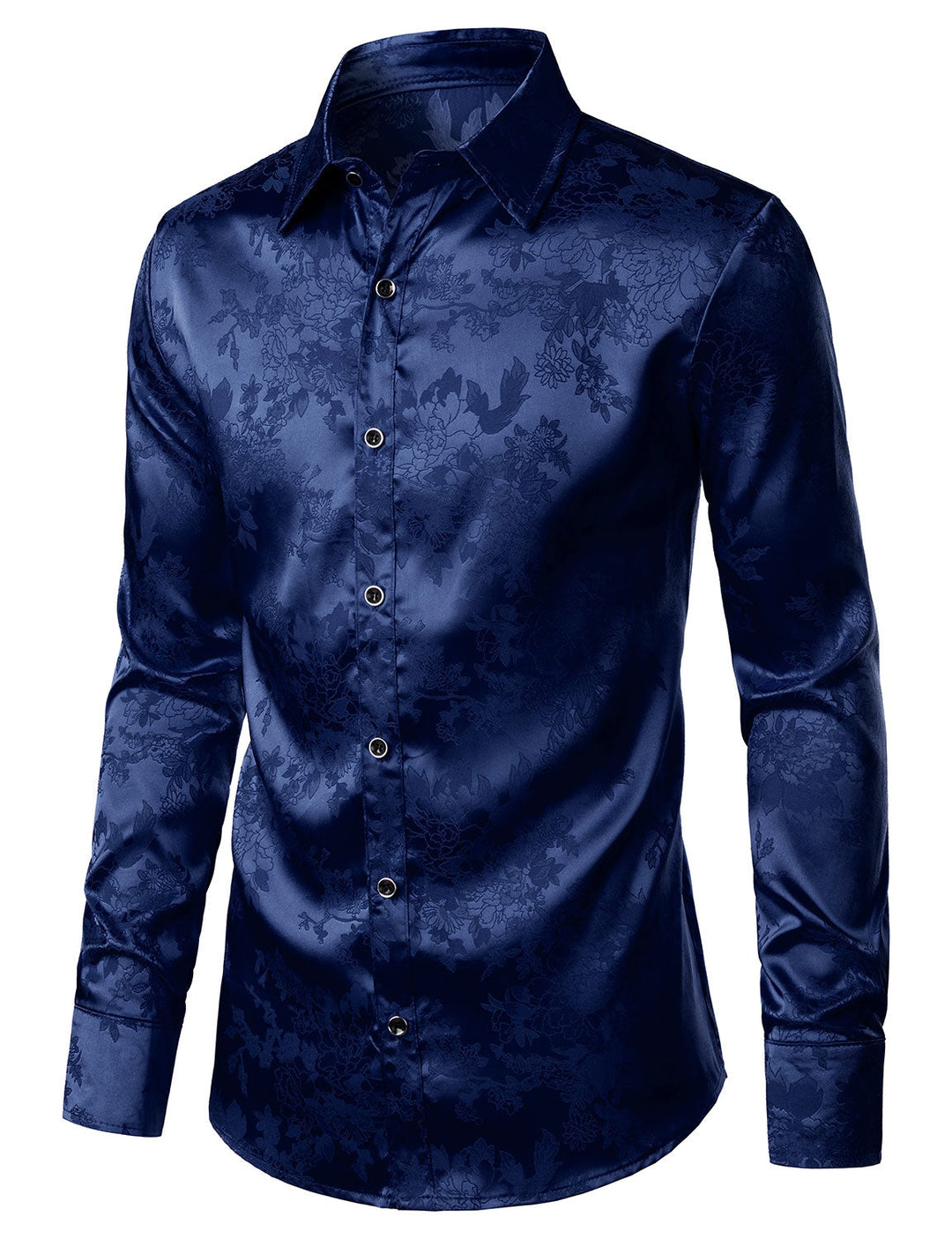 Chemise boutonnée à manches longues en satin brillant et jacquard floral bleu pour homme