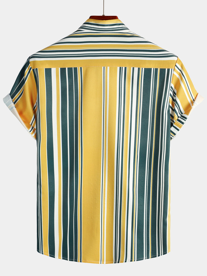 Chemise décontractée à manches courtes pour hommes, boutonnée, rétro, jaune et vert, avec poche à rayures verticales