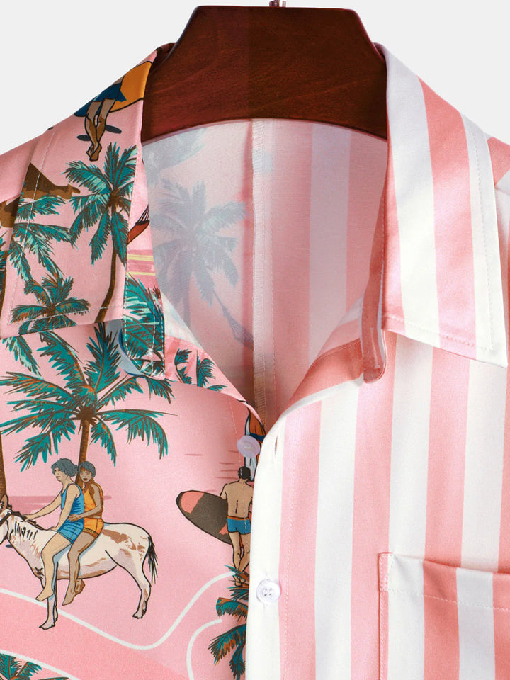 Chemise hawaïenne à manches courtes Aloha à imprimé palmier rose et blanc pour homme