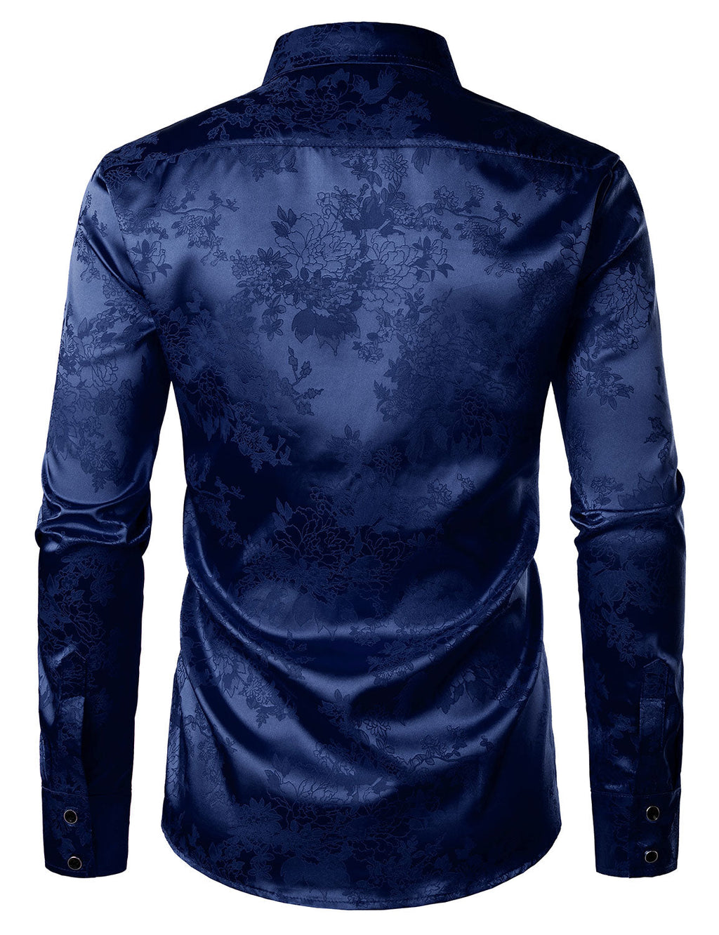Chemise boutonnée à manches longues en satin brillant et jacquard floral bleu pour homme