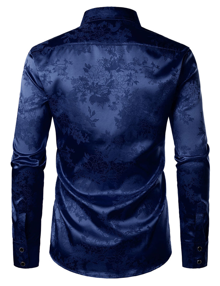Chemise boutonnée à manches longues en satin brillant et jacquard floral bleu pour homme