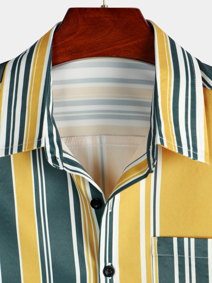 Chemise décontractée à manches courtes pour hommes, boutonnée, rétro, jaune et vert, avec poche à rayures verticales