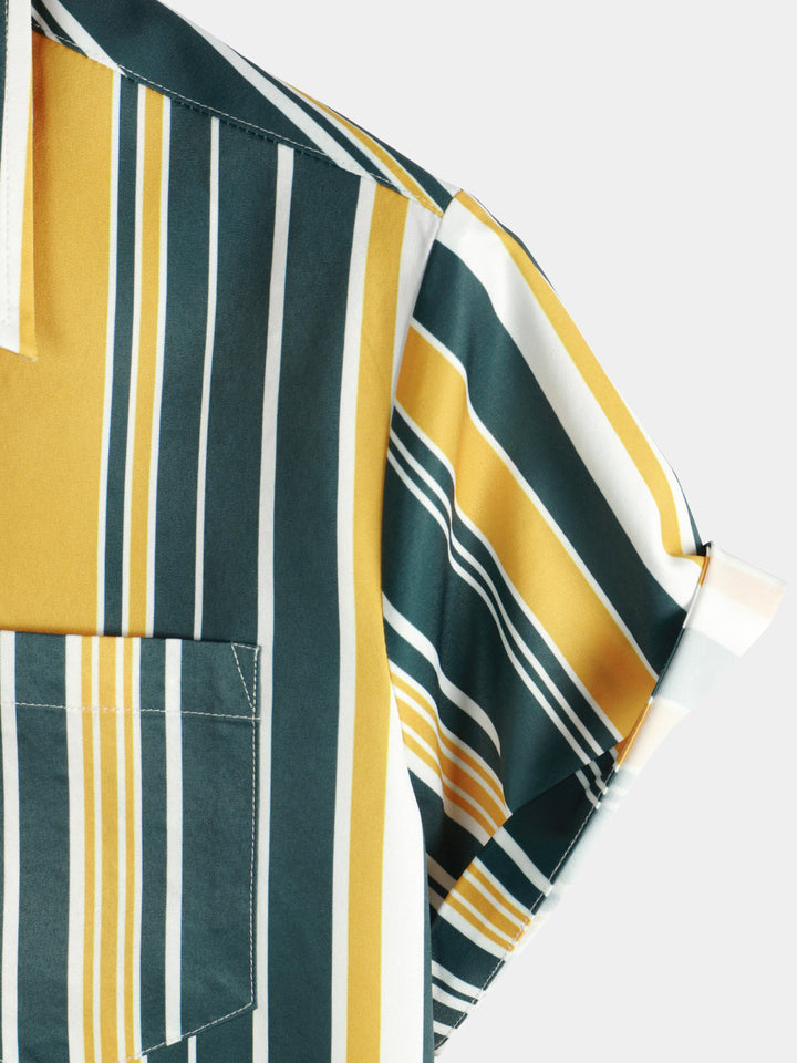 Chemise décontractée à manches courtes pour hommes, boutonnée, rétro, jaune et vert, avec poche à rayures verticales