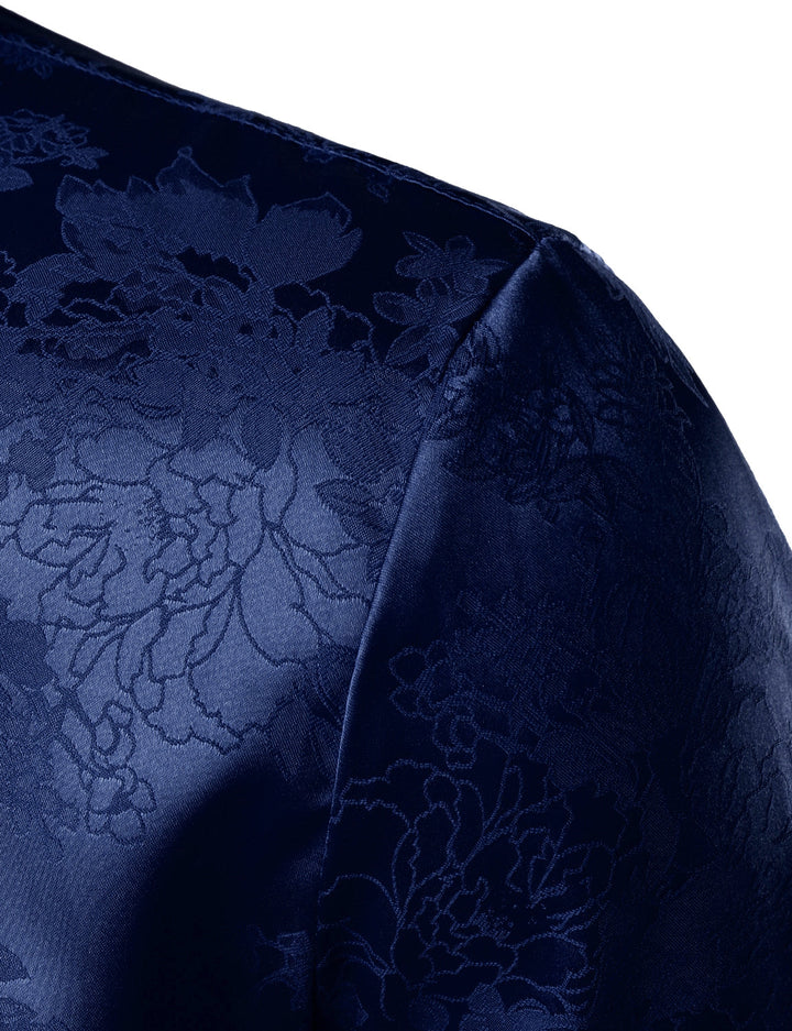 Chemise boutonnée à manches longues en satin brillant et jacquard floral bleu pour homme