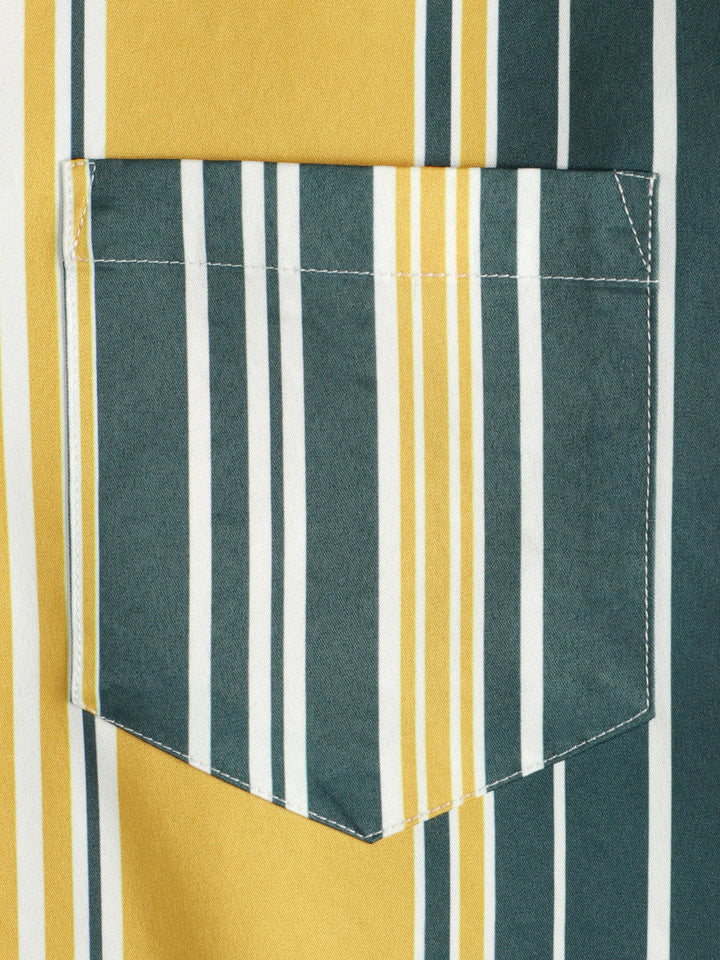 Chemise décontractée à manches courtes pour hommes, boutonnée, rétro, jaune et vert, avec poche à rayures verticales
