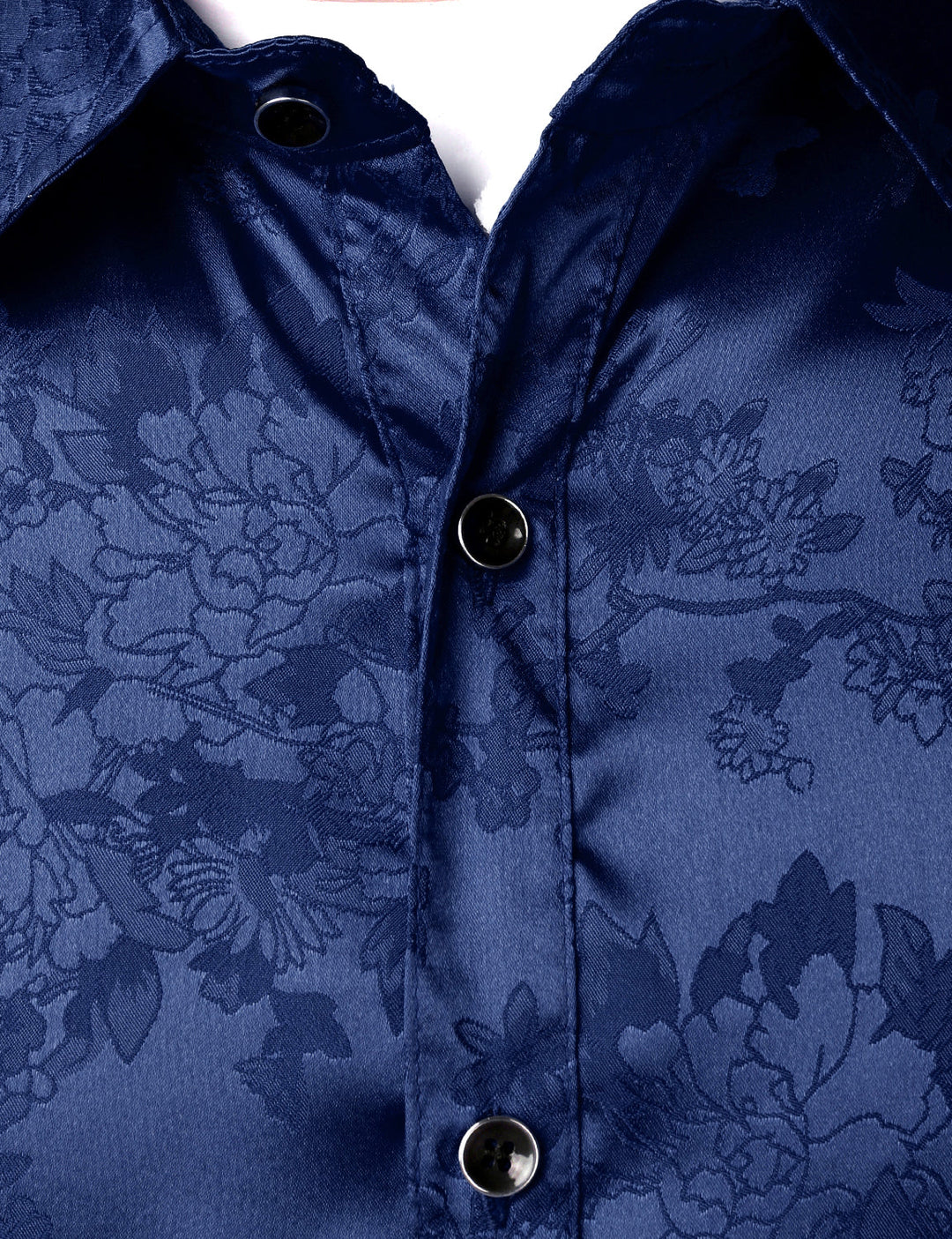 Chemise boutonnée à manches longues en satin brillant et jacquard floral bleu pour homme
