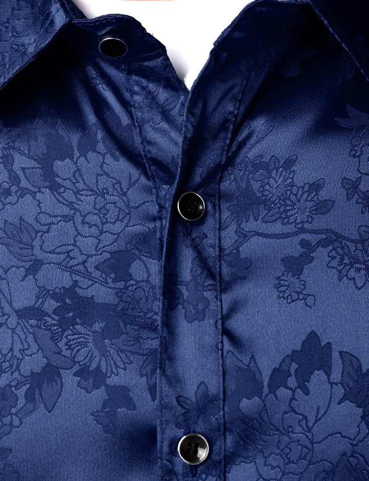 Chemise boutonnée à manches longues en satin brillant et jacquard floral bleu pour homme