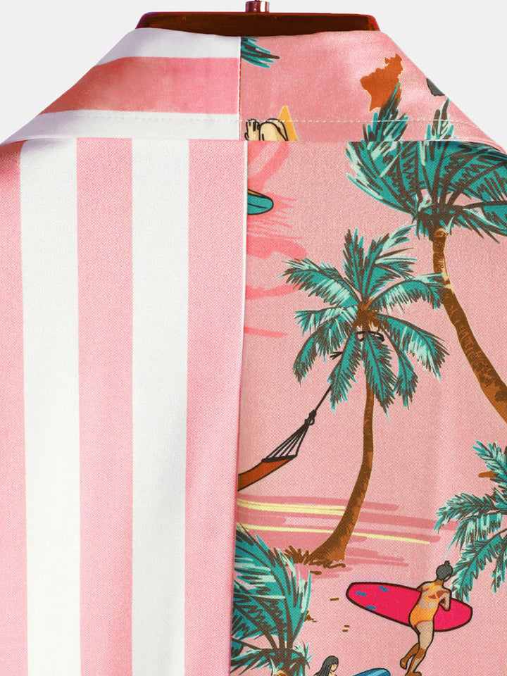 Chemise hawaïenne à manches courtes Aloha à imprimé palmier rose et blanc pour homme