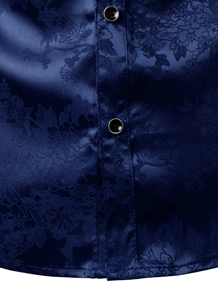 Chemise boutonnée à manches longues en satin brillant et jacquard floral bleu pour homme