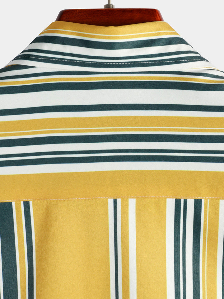 Chemise décontractée à manches courtes pour hommes, boutonnée, rétro, jaune et vert, avec poche à rayures verticales