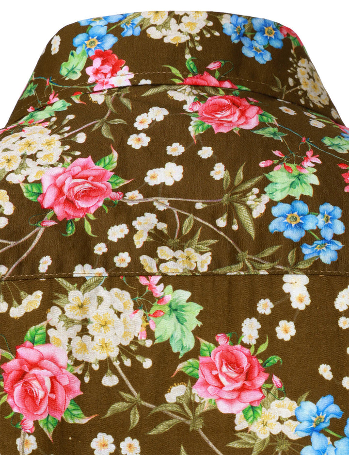 Chemise à manches longues marron en coton respirant à imprimé floral des années 70 pour homme