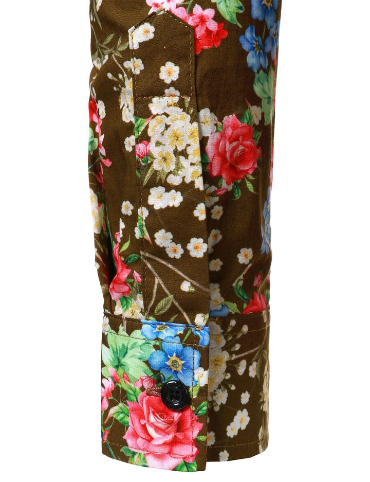 Chemise à manches longues marron en coton respirant à imprimé floral des années 70 pour homme