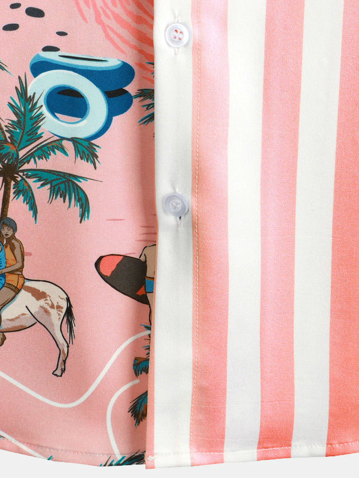 Chemise hawaïenne à manches courtes Aloha à imprimé palmier rose et blanc pour homme