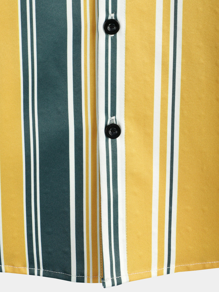 Chemise décontractée à manches courtes pour hommes, boutonnée, rétro, jaune et vert, avec poche à rayures verticales