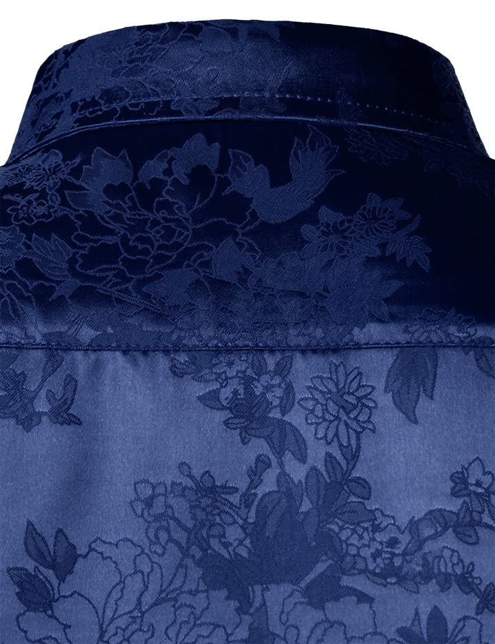 Chemise boutonnée à manches longues en satin brillant et jacquard floral bleu pour homme