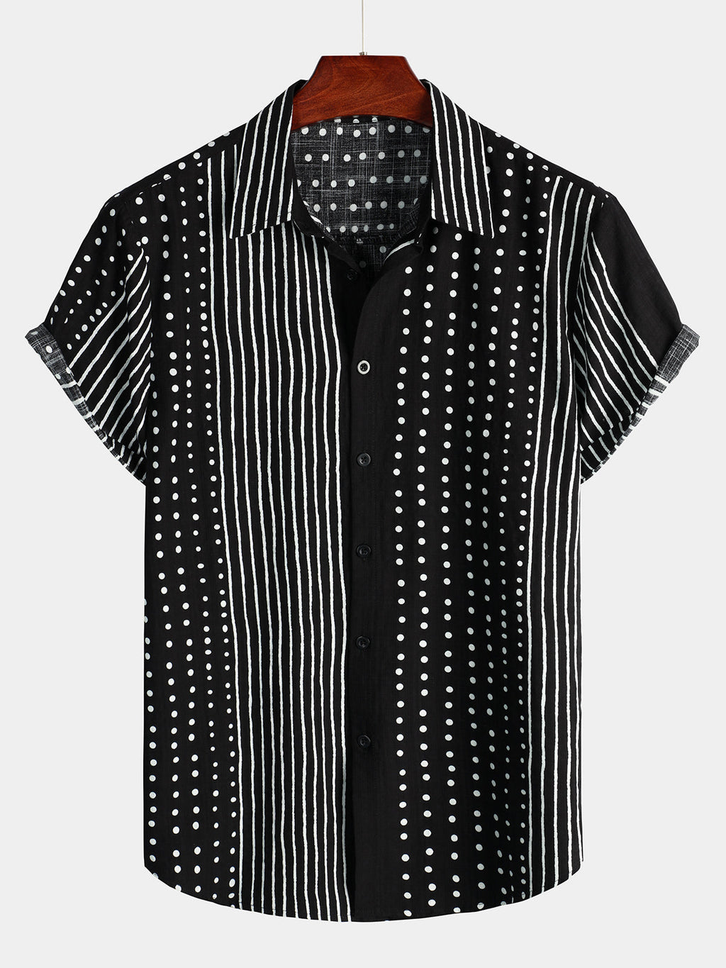 Chemise d'Homme Rétro Noire à Rayures et à Pois, à Boutons et à Manches Courtes
