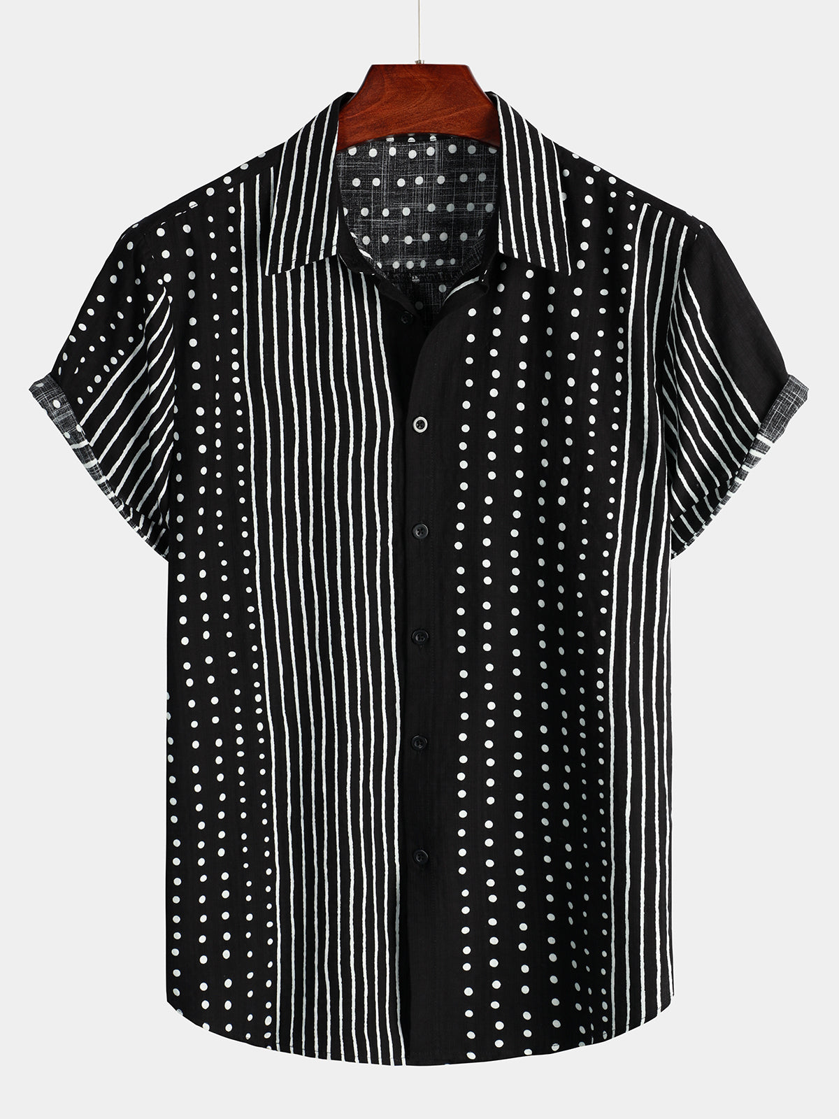 Chemise d'Homme Rétro Noire à Rayures et à Pois, à Boutons et à Manches Courtes