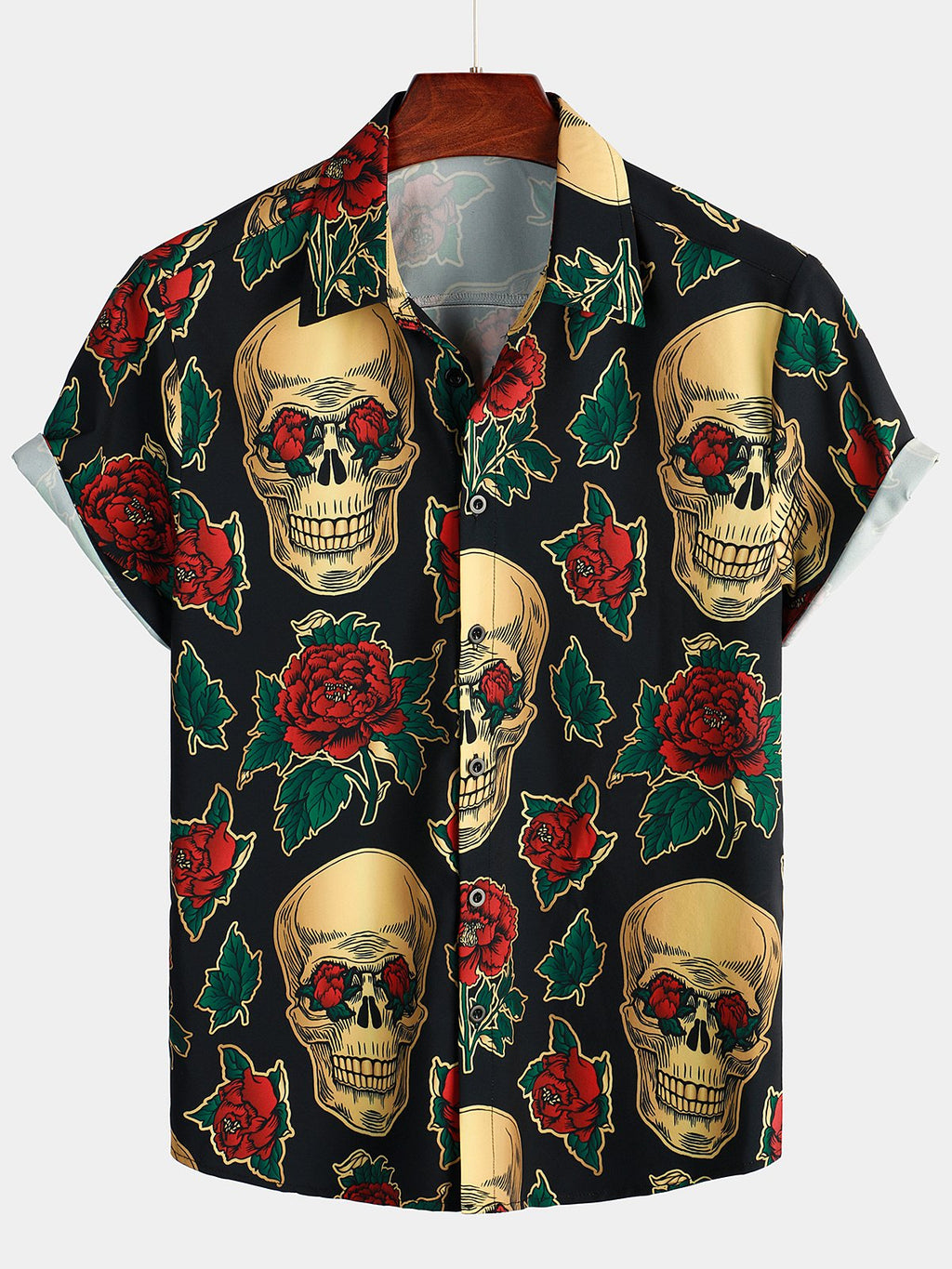 Chemise à Manches Courtes avec Imprimé de Crâne et Rose pour Homme