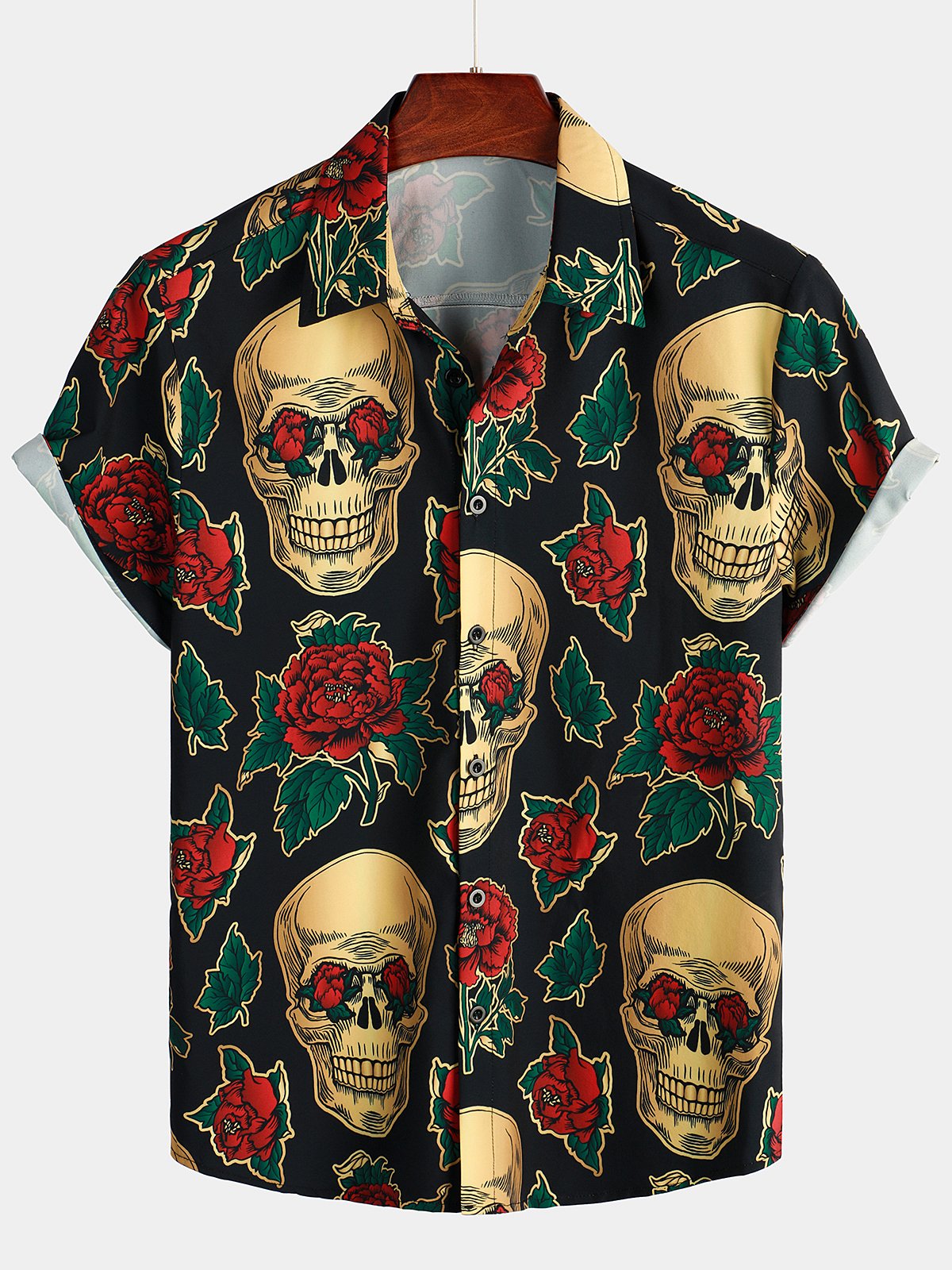 Chemise à Manches Courtes avec Imprimé de Crâne et Rose pour Homme