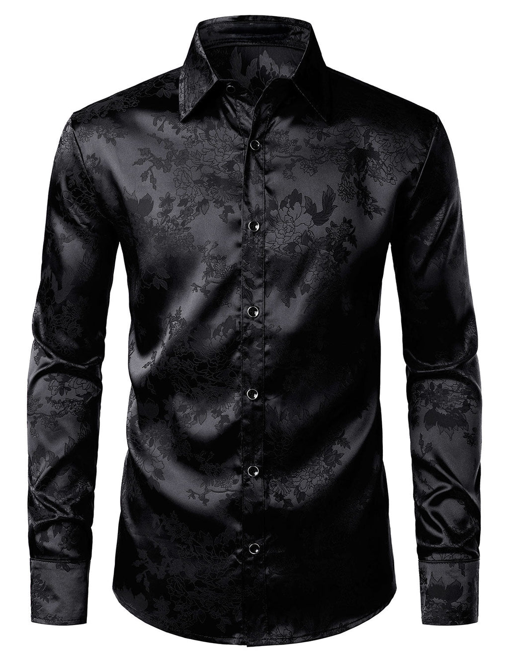 Chemise boutonnée à manches longues en satin brillant et jacquard floral noir pour homme