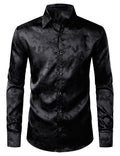 Chemise boutonnée à manches longues en satin brillant et jacquard floral noir pour homme