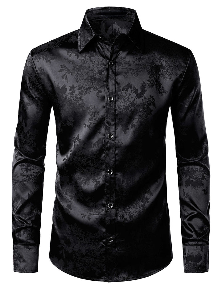 Chemise boutonnée à manches longues en satin brillant et jacquard floral noir pour homme