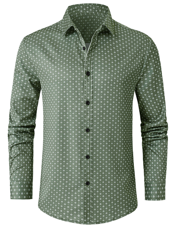 Chemise à manches longues verte à imprimé géométrique rétro pour homme