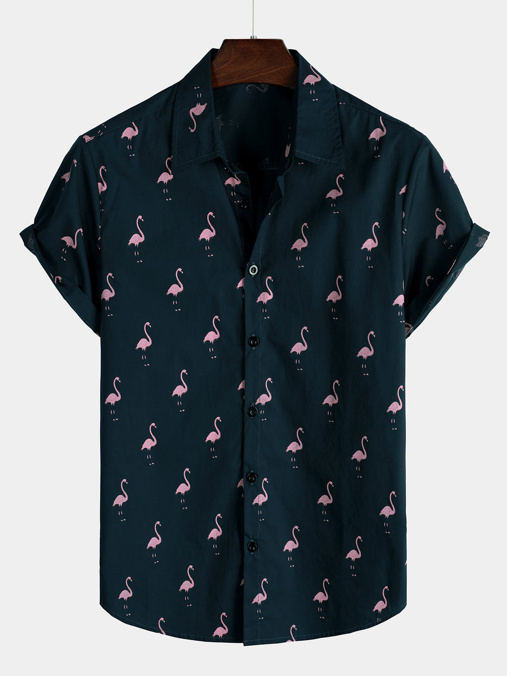 Chemise Casual Hawaïenne à Manches Courtes avec Boutons de Flamant Tropical pour Homme