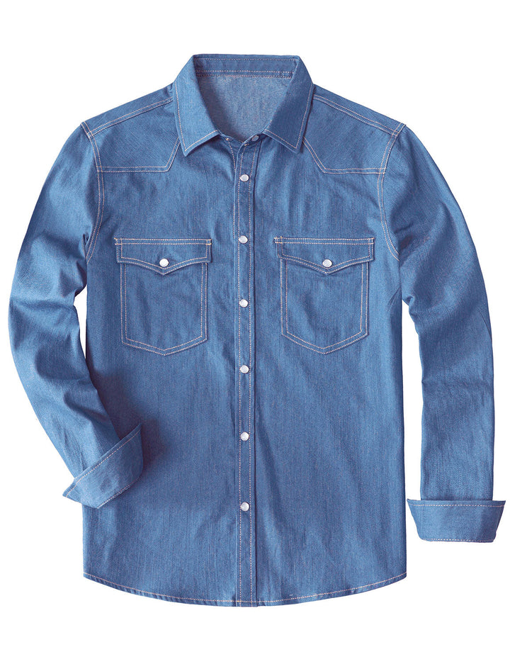 Chemise à manches longues en denim style cowboy pour homme avec boutons-pression nacrés