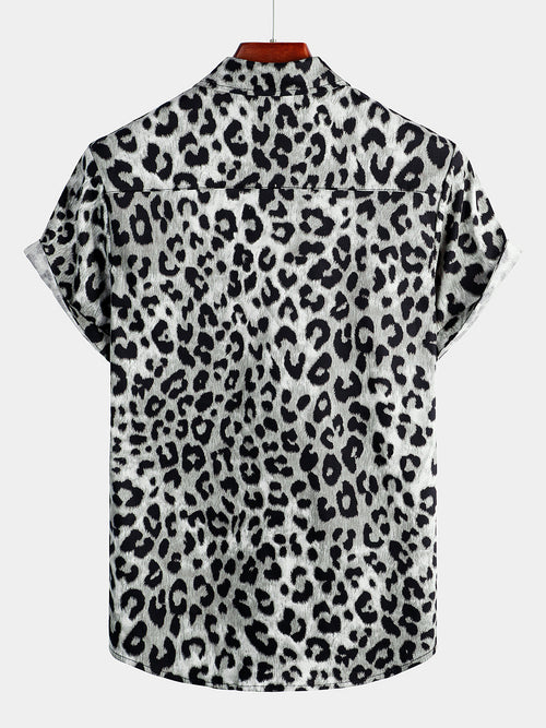 Chemise à manches courtes à boutons léopard blanc pour homme