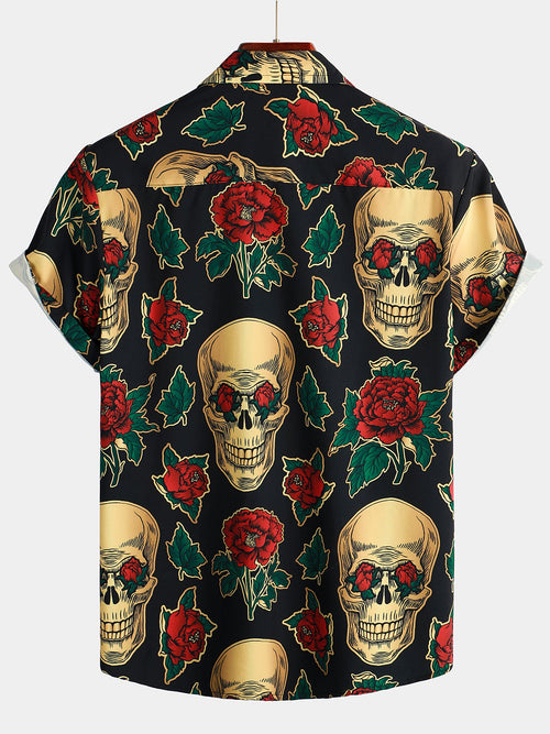Chemise à Manches Courtes avec Imprimé de Crâne et Rose pour Homme