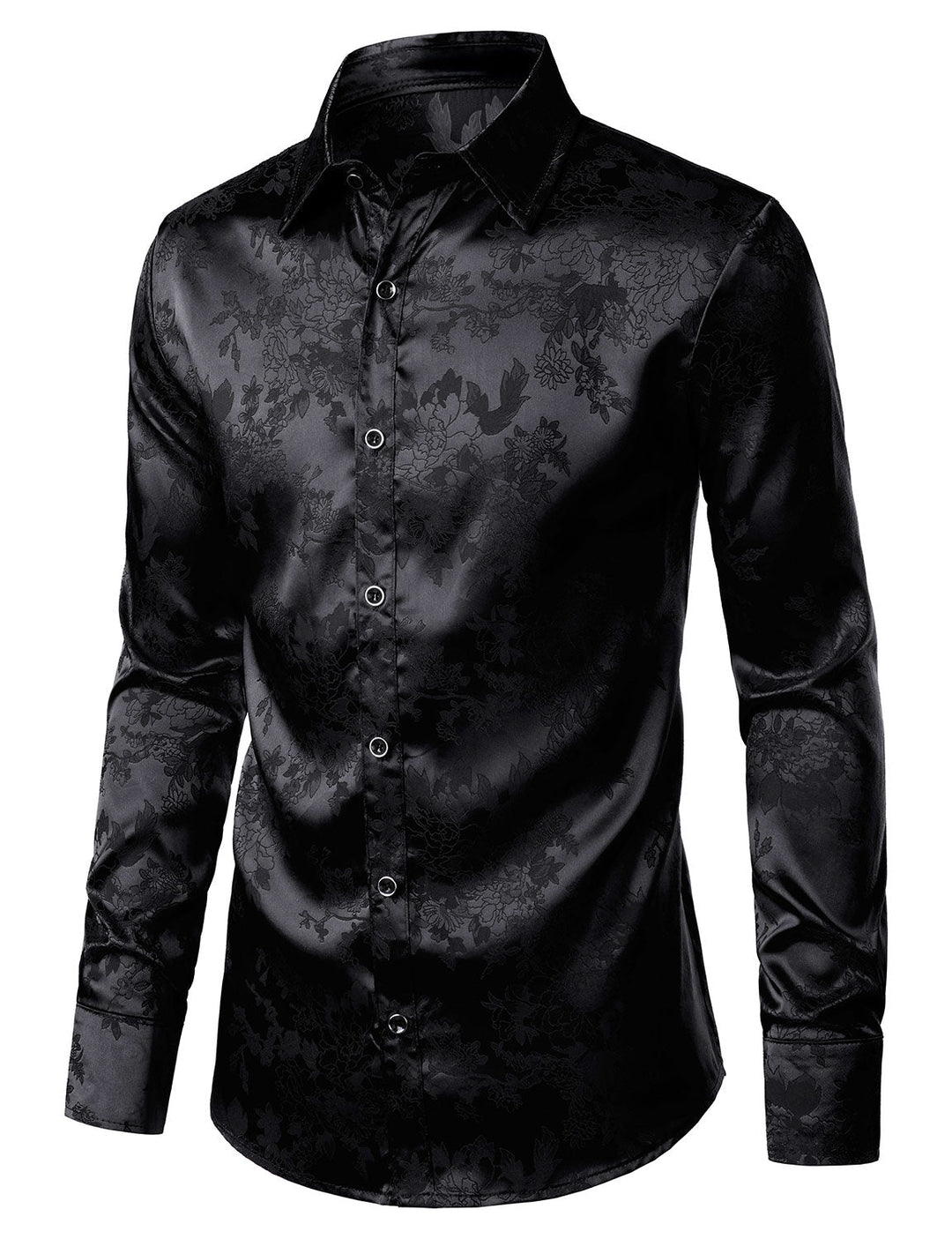 Chemise boutonnée à manches longues en satin brillant et jacquard floral noir pour homme