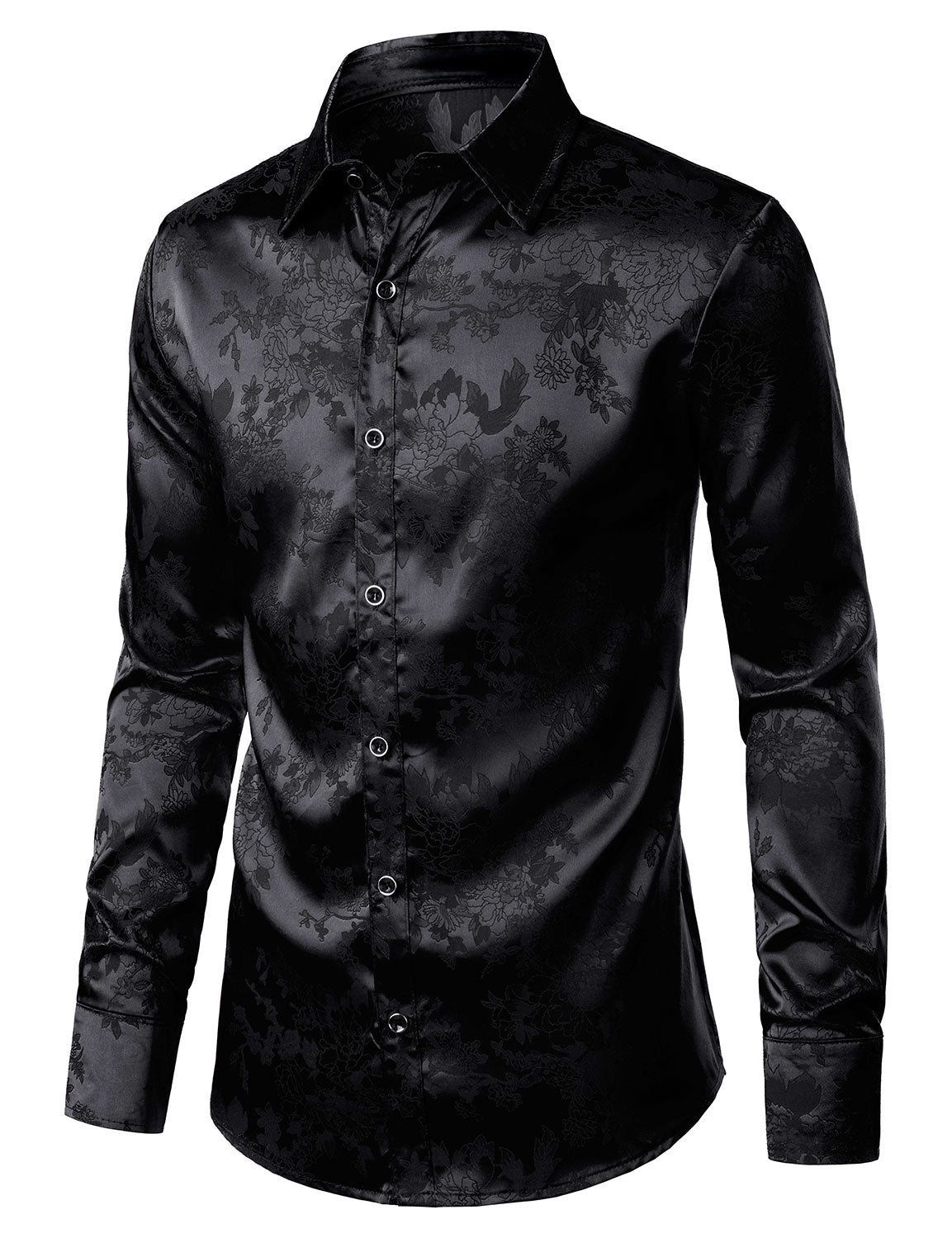 Chemise boutonnée à manches longues en satin brillant et jacquard floral noir pour homme