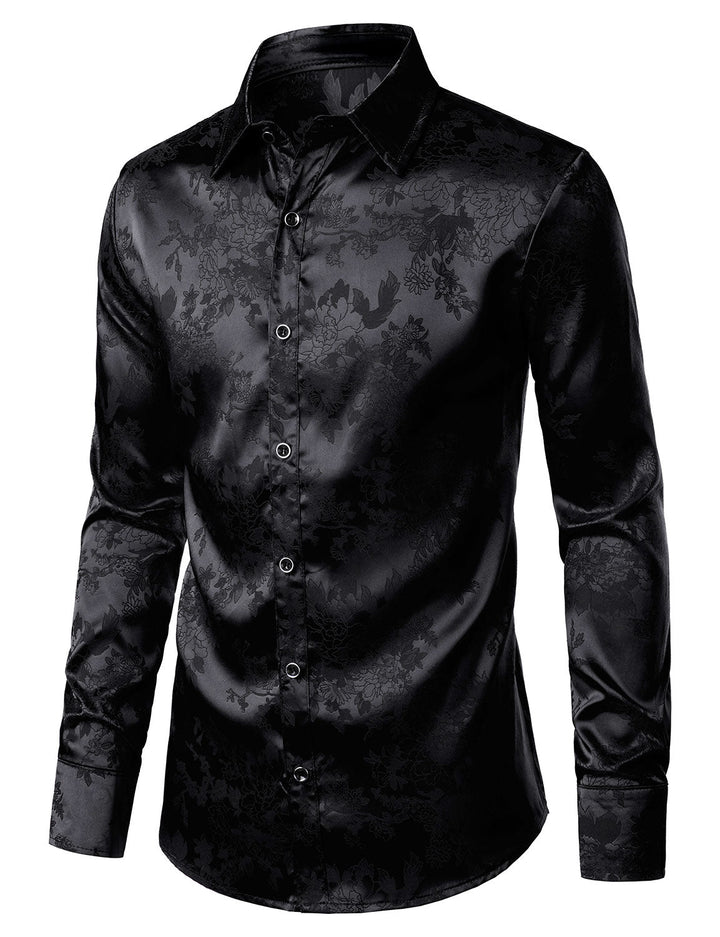 Chemise boutonnée à manches longues en satin brillant et jacquard floral noir pour homme
