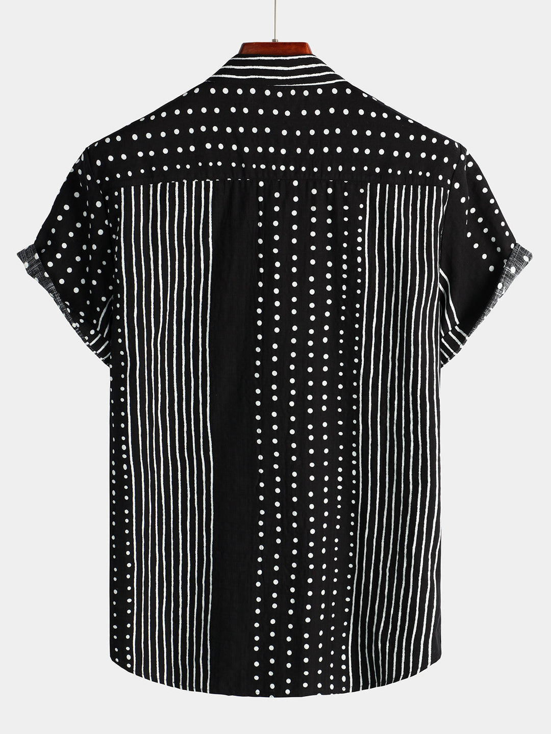 Chemise à manches courtes boutonnée rétro noire à rayures et à pois pour hommes