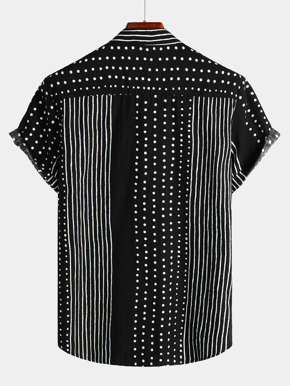 Chemise à manches courtes boutonnée rétro noire à rayures et à pois pour hommes