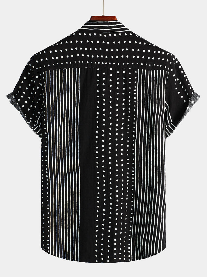 Chemise à manches courtes boutonnée rétro noire à rayures et à pois pour hommes