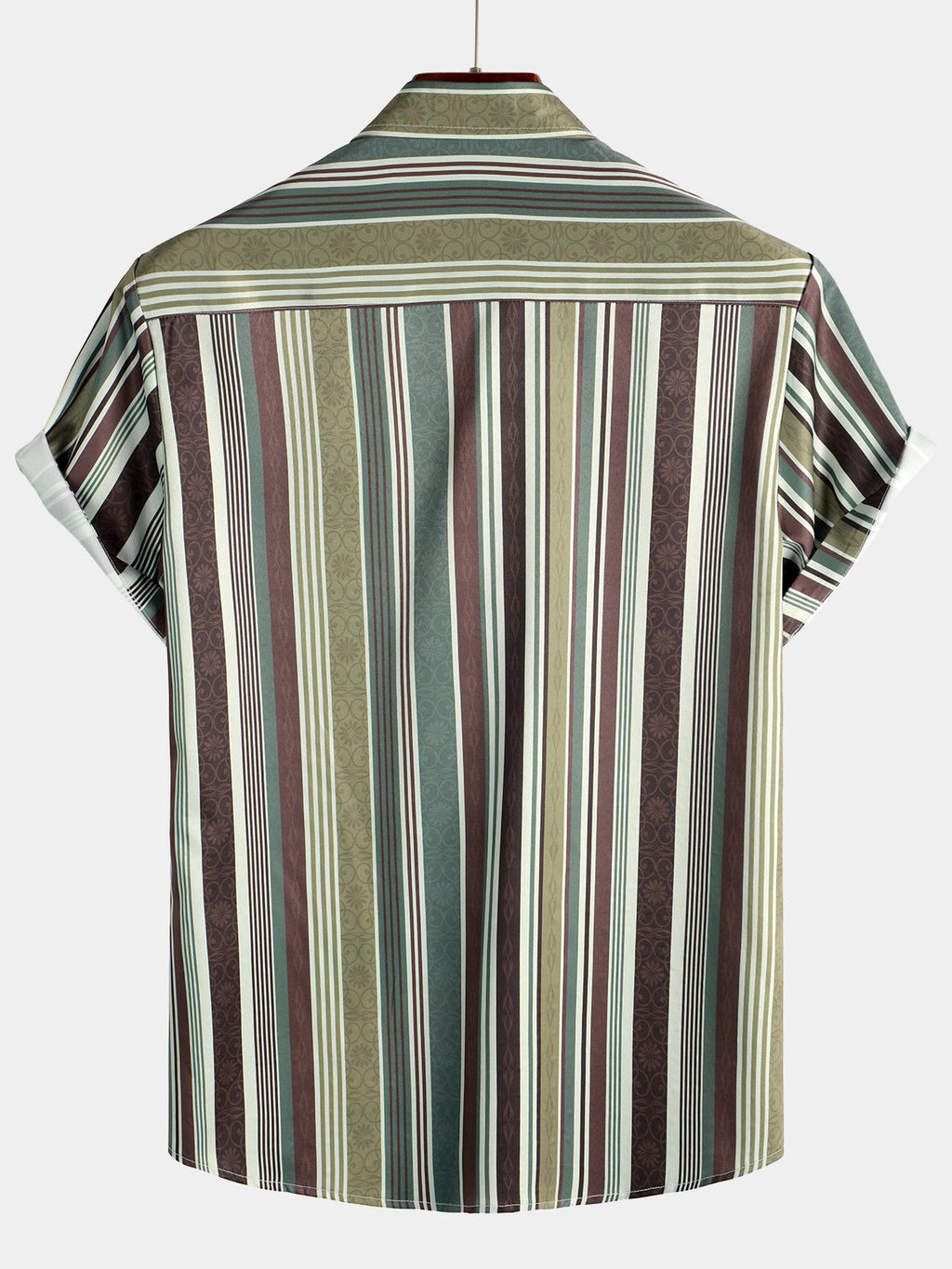 Chemise à manches courtes à rayures verticales vintage pour hommes, vert et marron, avec poche boutonnée