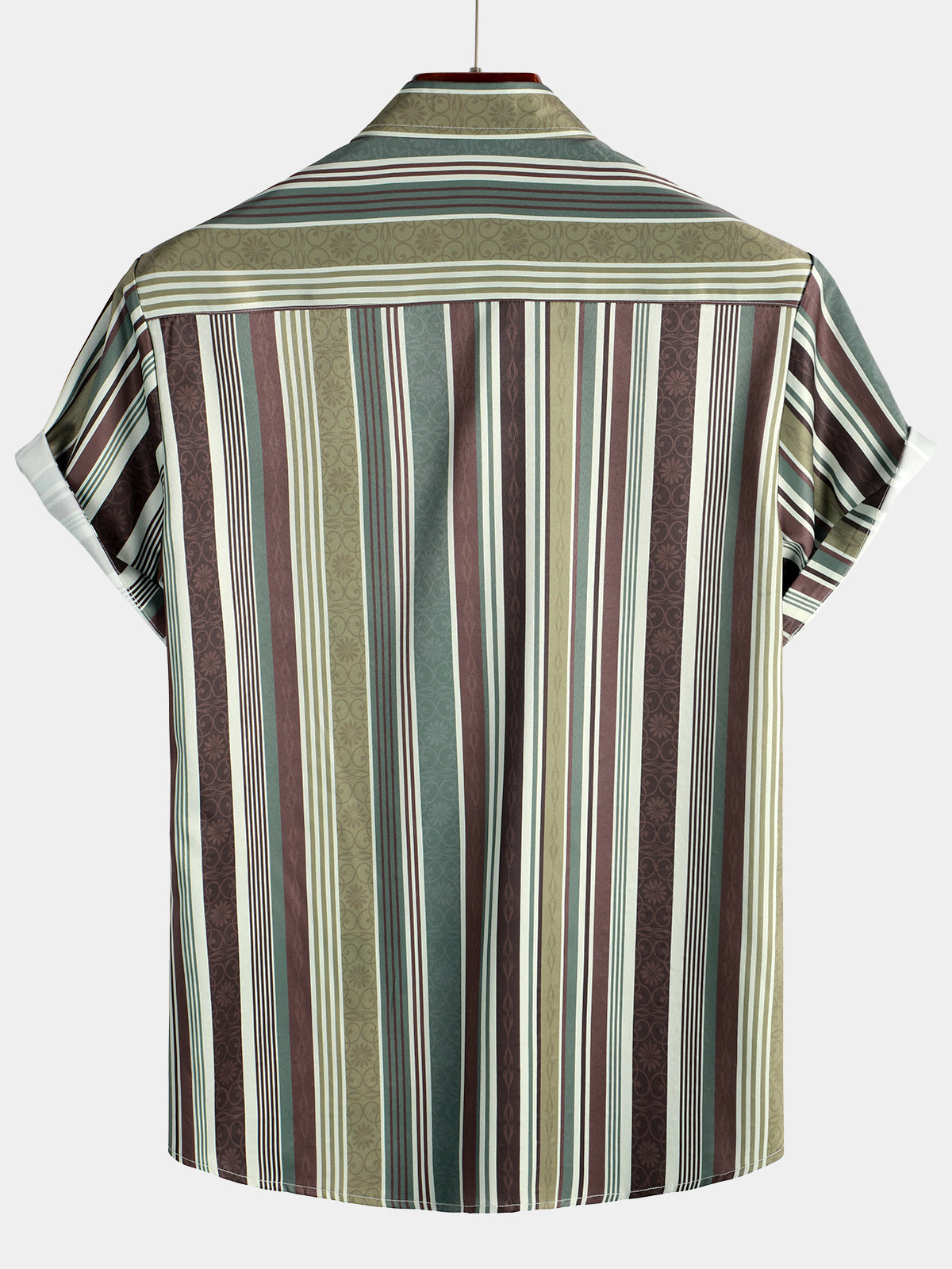 Chemise à manches courtes à rayures verticales vintage pour hommes, vert et marron, avec poche boutonnée