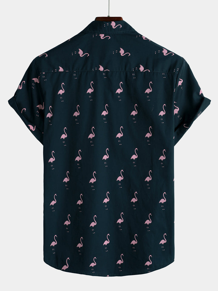 Chemise à manches courtes décontractée hawaïenne pour homme avec motif animal flamant rose